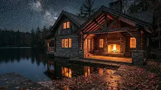 Cozy Cabin by the Lake Ambience - Crackling Fireplace, Water Sounds & Starry Night for Sleep