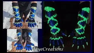 Large Half Wrap and Clawed Glowing Gauntlets - Knitted Scalemail - Black Blue & Glow - JayeCreations