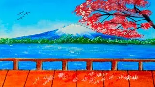 A Tranquil Lakeside View with a Crimson Tree | Oil Pastel Landscape Drawing