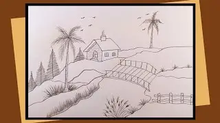 Scenery drawing easy step by step | Village life drawing for competition | Beautiful drawing