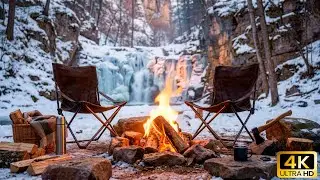 A Cozy Winter Campfire by a Frozen Waterfall ❄️🔥 Nature Sounds