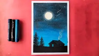 Easy Moonlight Night Scenery Drawing for Beginners - Oil pastel drawing 