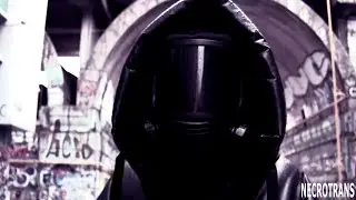 Black gorgeous elongated leather down jacket oversized coat with large hood and different gas masks