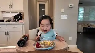 SCRAMBLED EGGS WITH CAULIFLOWER RICE, SQUSH, SWEET POTATO, PEAS, CARROTS, GREEN BEANS AND STRAWBERRI