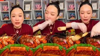 ASMR SPICY CHINESE MUKBANG | Eating Braised Pork Belly, Giant Lobster & Bamboo Shoots EATING SOUNDS