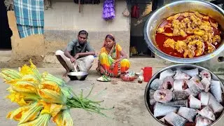 chicken KOSHA cooking and FISH CURRY with pumpkin flower by tribal family|village life cooking