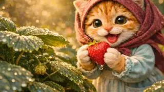 Cozy cottage: Cute kitten baking a strawberry cake 🍓🍰