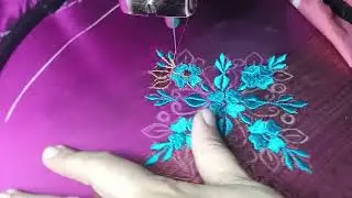 Zigzag machine embroidery design on sleeves #flower and leaf #sky blue sik #copper zari thread work 