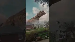 A giant dinosaur in a suburban neighborhood#dinosaur #giant #neighborhood #cgi