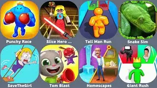 Punchy Race,Slice Hero Run,Snake Sim,Homescapes,Monster Evolution Run & Battle,Tape Thrower