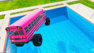 Crazy School Bus Crash Into Swimming Pool &ndash; BeamNG Drive BMG Bus Down Realistic Physics