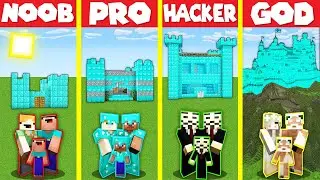 Minecraft Battle: DIAMOND CASTLE HOUSE BUILD CHALLENGE - NOOB vs PRO vs HACKER vs GOD / Animation