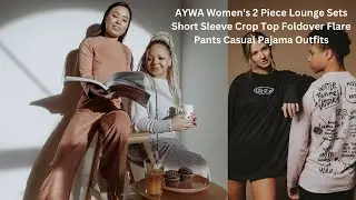 AYWA Women's 2 Piece Lounge Sets Short Sleeve Crop Top Foldover Flare Pants Casual Pajama