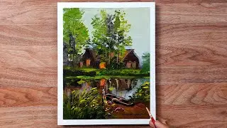 House and Pond in Evening / Acrylic Landscape Painting on Paper / Hamlet Shougrakpam Art