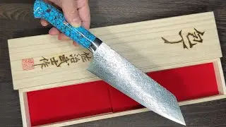 Takeshi Saji R2 Diamond Finish Damascus Bunka Knife 180mm with Blue Turquoise Handle