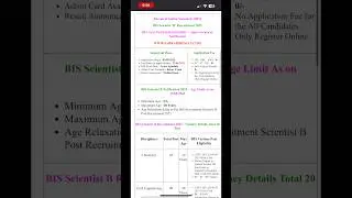 BIS Scientist 'B' Recruitment 2025 Bureau of Indian Standards (BIS) #shorts  #governmentvacancy
