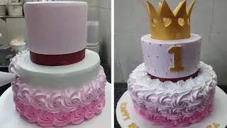 Stunning and Delicious Two Tire Rosette Baby Birthday Cake |Crown Cake Design