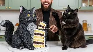 Live! Black Angora Cat Reacts to Its Cake Twin 😲🎂 #BlackAngoraCat #FunnyCat #Shorts