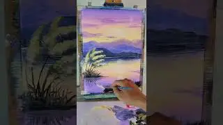 Sunset Painting Process with Distant Mountains and Tree Reflections | Acrylic on Paper #shorts