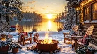 Cozy Winter Lakeside Cabin Morning ❄️☀️🔥 | Campfire, Birds & Calm Lake Sounds