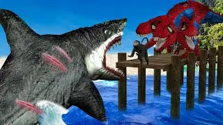 3 Head T-Rex vs Megalodon Spider Man Dinosaur Chase Monkey Dragon Attack Fight Three Head Dinosaur