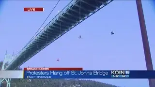 Shell protestors rappel off St. Johns Bridge