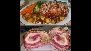 Bacon Wrapped Pork Tenderloin (stuffed with sage and onion & beef pepperoni)