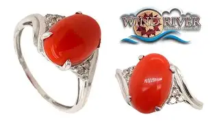 Fine Designer 14K White Gold Red Coral Cabochon & Diamond Ring