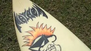 Vintage late 80's or early 90's Mayhem surfboard by Matt Biolas