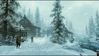 Riverwood Winter Storm - Skyrim Snow ASMR Walking Ambience
