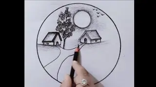 Beautiful Village Scenery Drawing | Easy Pencil Sketch in Circle Frame