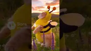 Cat in a bee suit spinning in a field.