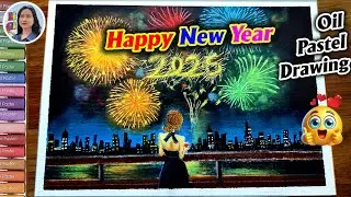 How to Draw New Year Fireworks 2025 🎆 | Girl Watching Fireworks | Oil Pastel Drawing Step By Step