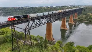 CN 8302 SD75IACC Rebuild leading S 74381 09, BC Rail 4653 and CP Heritage Unit 7018