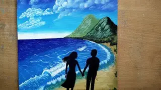 A Romantic Couple on Sea Beach Painting || Loving Couple Scenery Painting