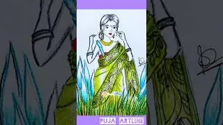 Durga Puja Vibes Drawing | Girl with Kashful #artvideo #girldrawing #kasful #festival #beautiful