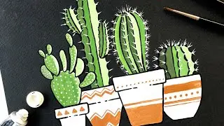 Gouache Painting Cactus on Black Coldpress Watercolor Paper