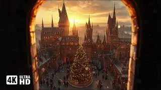 4K Harry potter Winter Window view, Christmas Market Hogwarts Snow ambience projection, Study, work