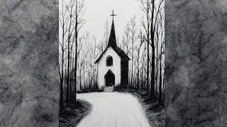 How to Draw a Small Church in the Forest with Charcoal Pencil / Step by Step Landscape Drawing