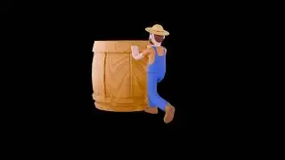 3D Cartoon Farmer Male Character Turntable | Pushing Heavy Wooden Barrel