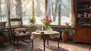 Relaxing 1950s Cozy Winter Morning, Warm Home Atmosphere, Snow Falling, Oldies Music Playing Softly