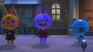 Tabby, static, bob and other villagers singing go K.K. rider in animal crossing new horizons