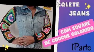 Customização com Crochê em  Jaqueta ou Colete Jeans Com Square De Crochê @Jessemartinss