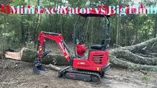 Cutting a huge branch with a Chinese mini excavator and a rope saw.  Hy14c