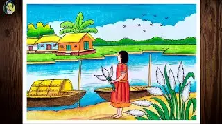 How To Draw A Scenery Of Autumn Season | Autumn Season Drawing Easy | Durga Puja Drawing Scenery