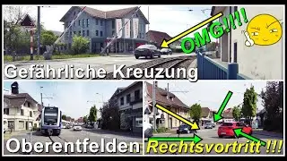 RECHTSVORTRITT! Gef&auml;hrliche Kreuzung und Bahn&uuml;bergang bei Oberentfelden, Kanton Aargau, Schweiz 2022