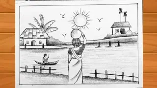 How to draw a very easy scenery drawing with pencil / easy sunset scenery drawing