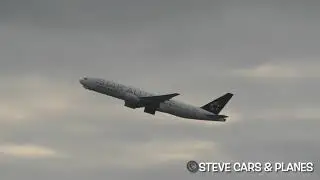 United Airlines Star Alliance livery Boeing 777-200ER N76021 taking off from London Heathrow to IAD