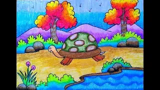 HOW TO DRAW TORTOISE SCENERY DRAWING WITH OIL PASTEL COLOUR STEP BY STEP TUTORIAL @shailajashitole4856