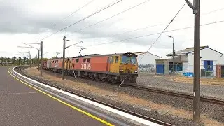 Northbound freight trains through Hamilton station, NIMT, New Zealand Railway